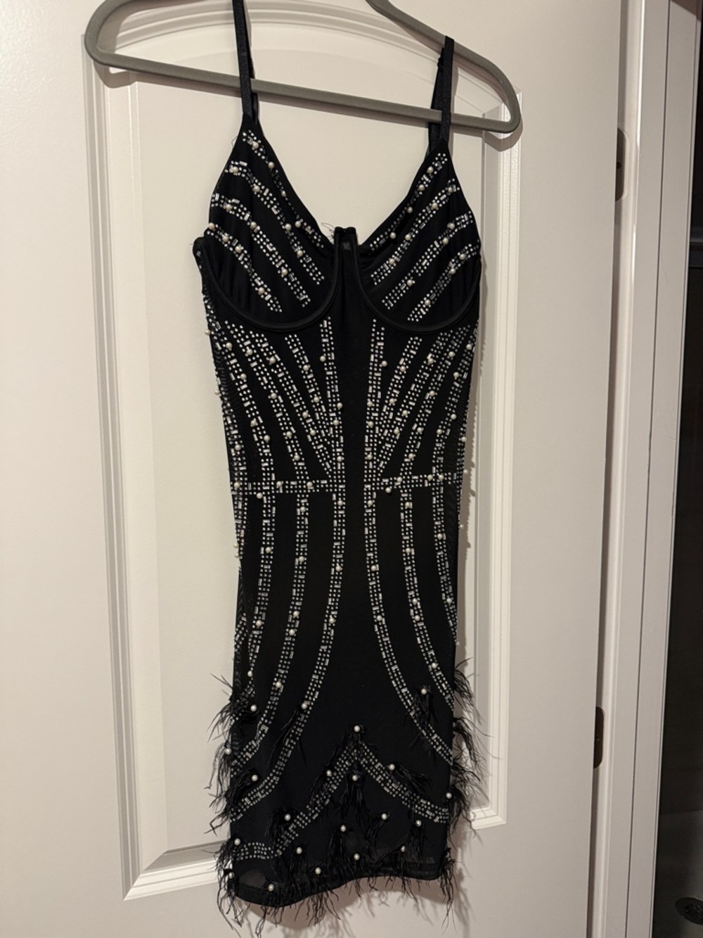 Fashion Nova Black Beaded Mini Dress with Feather Trim